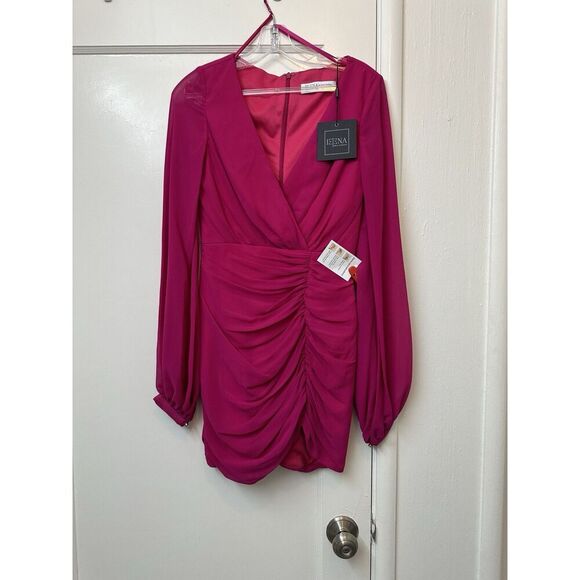 Ieena For Mac Duggal Runched Sleeve Bishop Short Mini Hot Pink Sz 0 Sheer A26655 - Picture 6 of 6